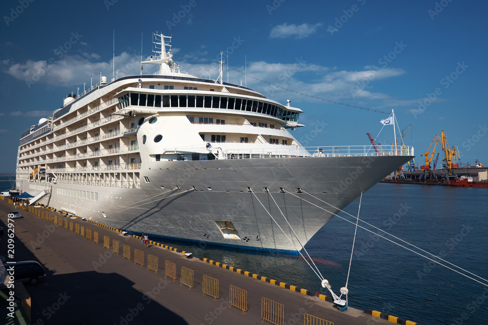 A luxury cruise ship docked in the port