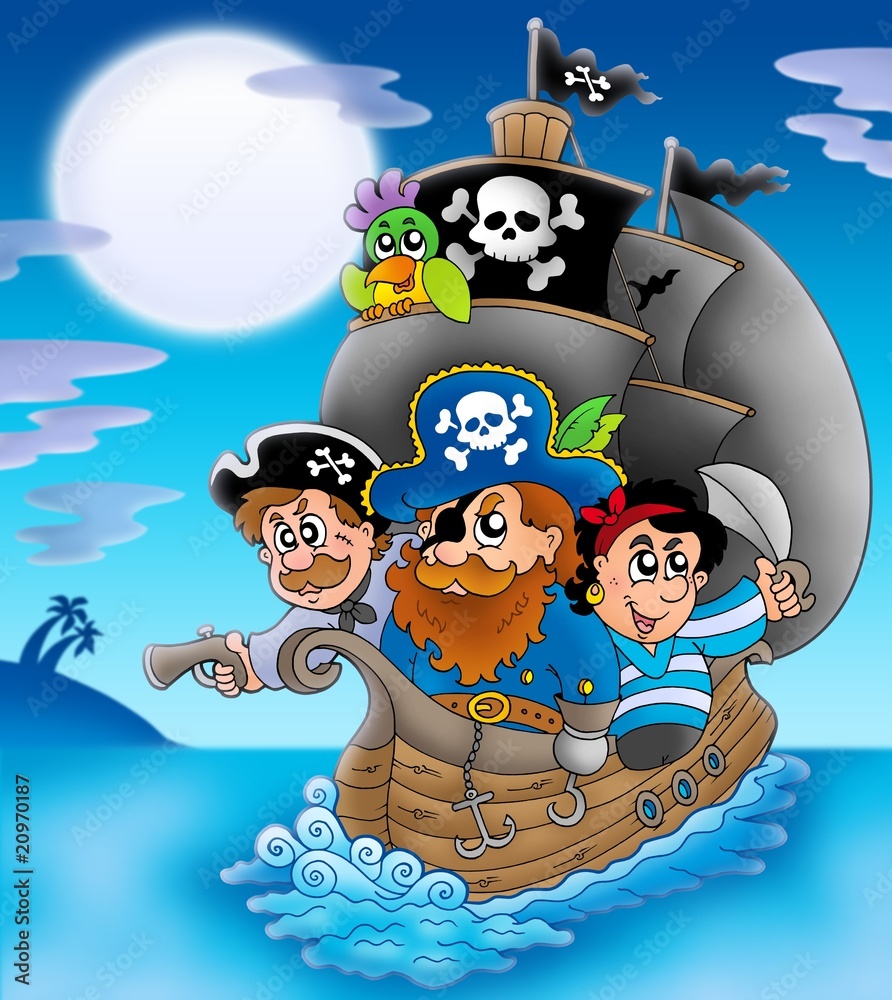 Obraz premium Żaglówka z piratami kreskówki w nocy