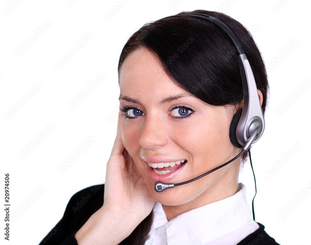 Close-up face of smiling woman in headphones Close-up face of smiling woman in headphones