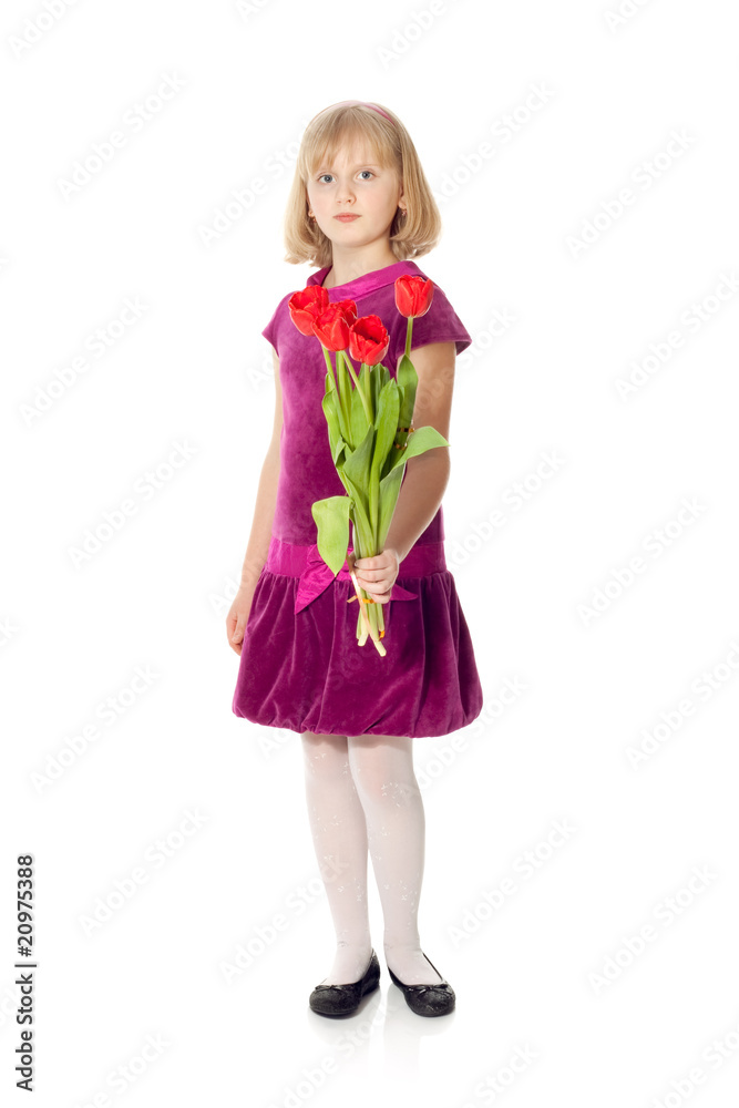 Cute girl giving a bouquet of tulips isolated on white, focus on Cute girl giving a bouquet of tulips isolated on white, focus on