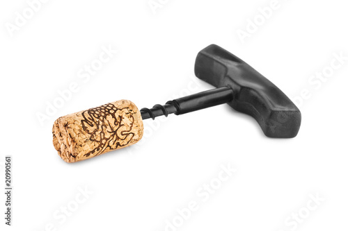 corkscrew with cork isolated photo