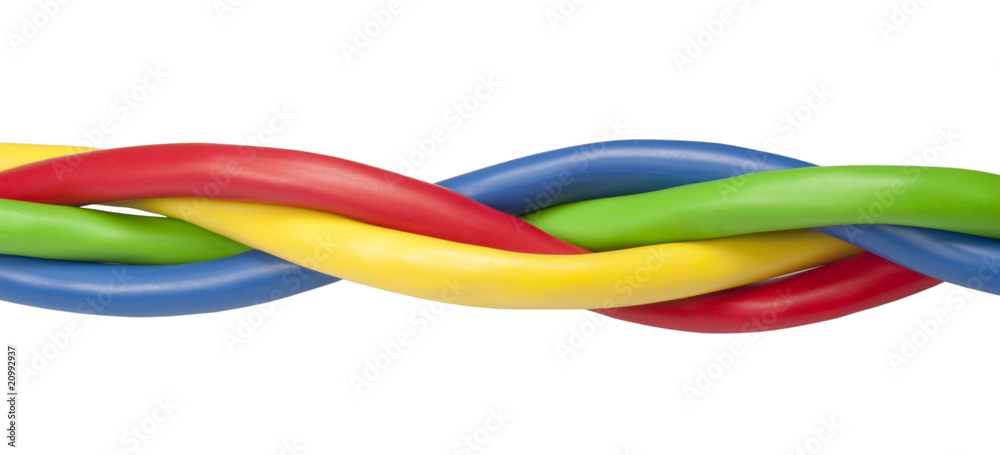 Brightly coloured ethernet network cables twisted on white backg