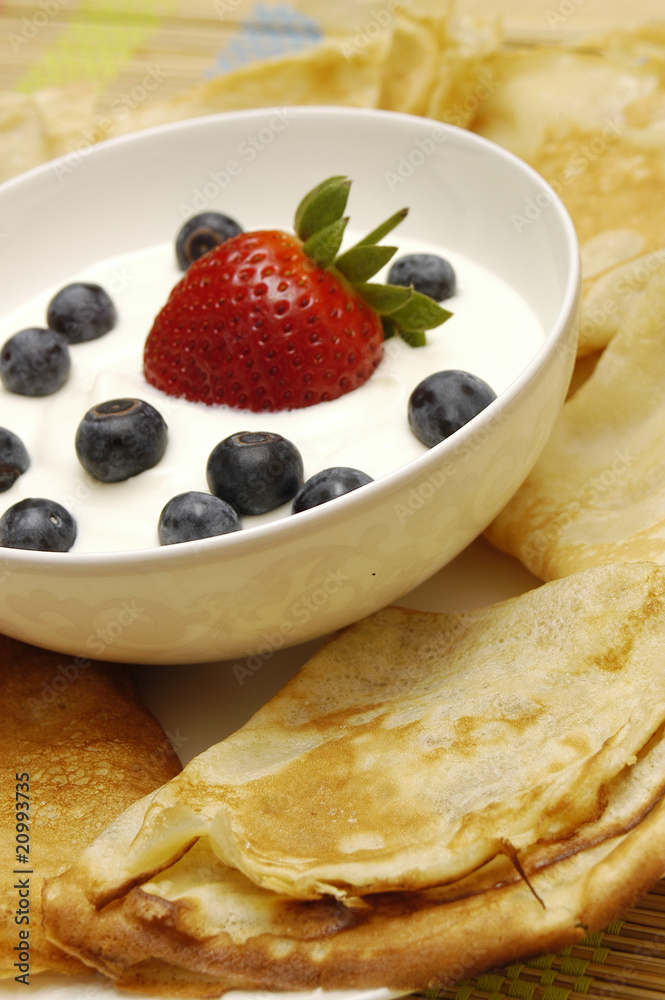 Pancakes with sour cream and fruits Pancakes with sour cream and fruits