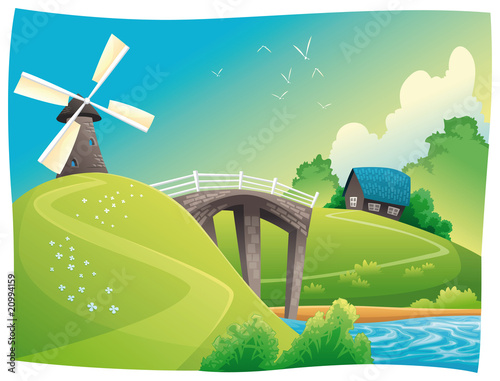 Countryside with windmill. Vector and cartoon landscape.