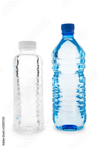 Dark blue and colorless bottles with water