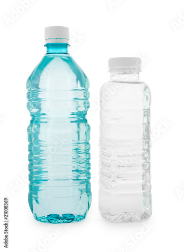 Turquoise and colorless transparent bottles with water