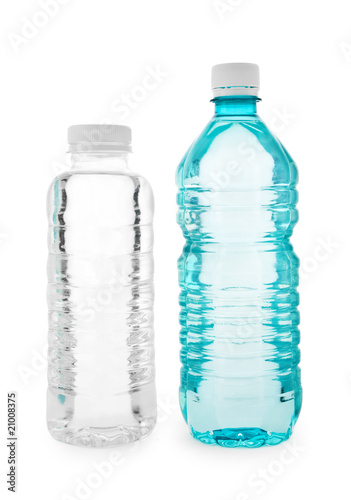 Turquoise and transparent bottle with water a close up