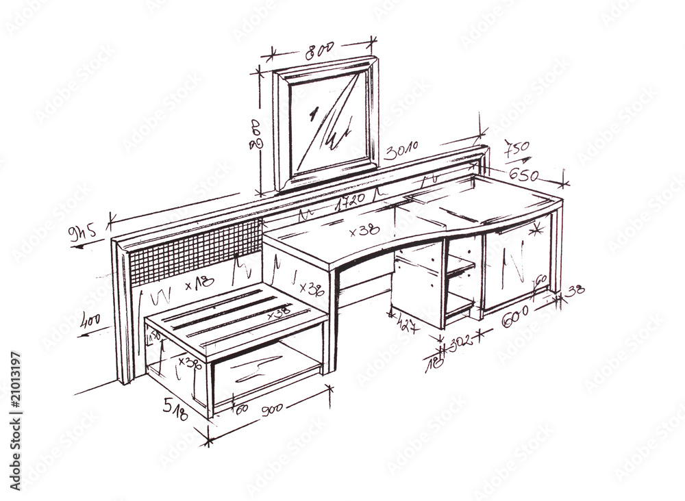 Modern interior design freehand drawing.