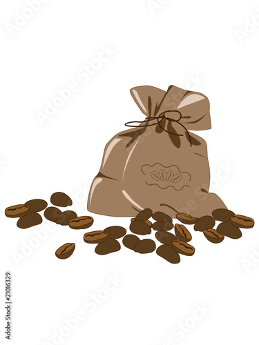 coffee beans and bag on a white background