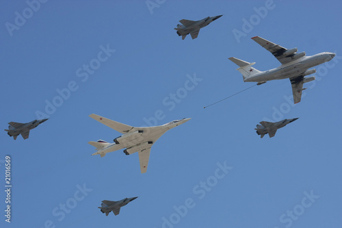 In-flight refueling imitation on the Victory Parade. Moscow.