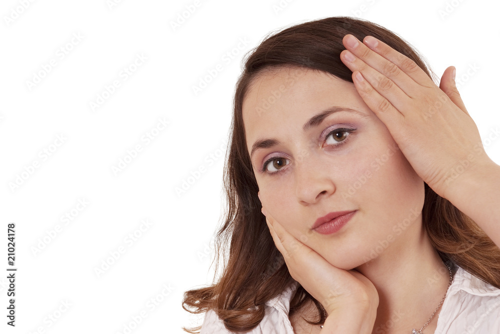 Young beautiful woman gesturing on white background Young beautiful woman gesturing on white background