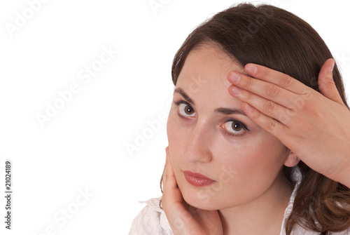 Young beautiful woman gesturing on white background photo