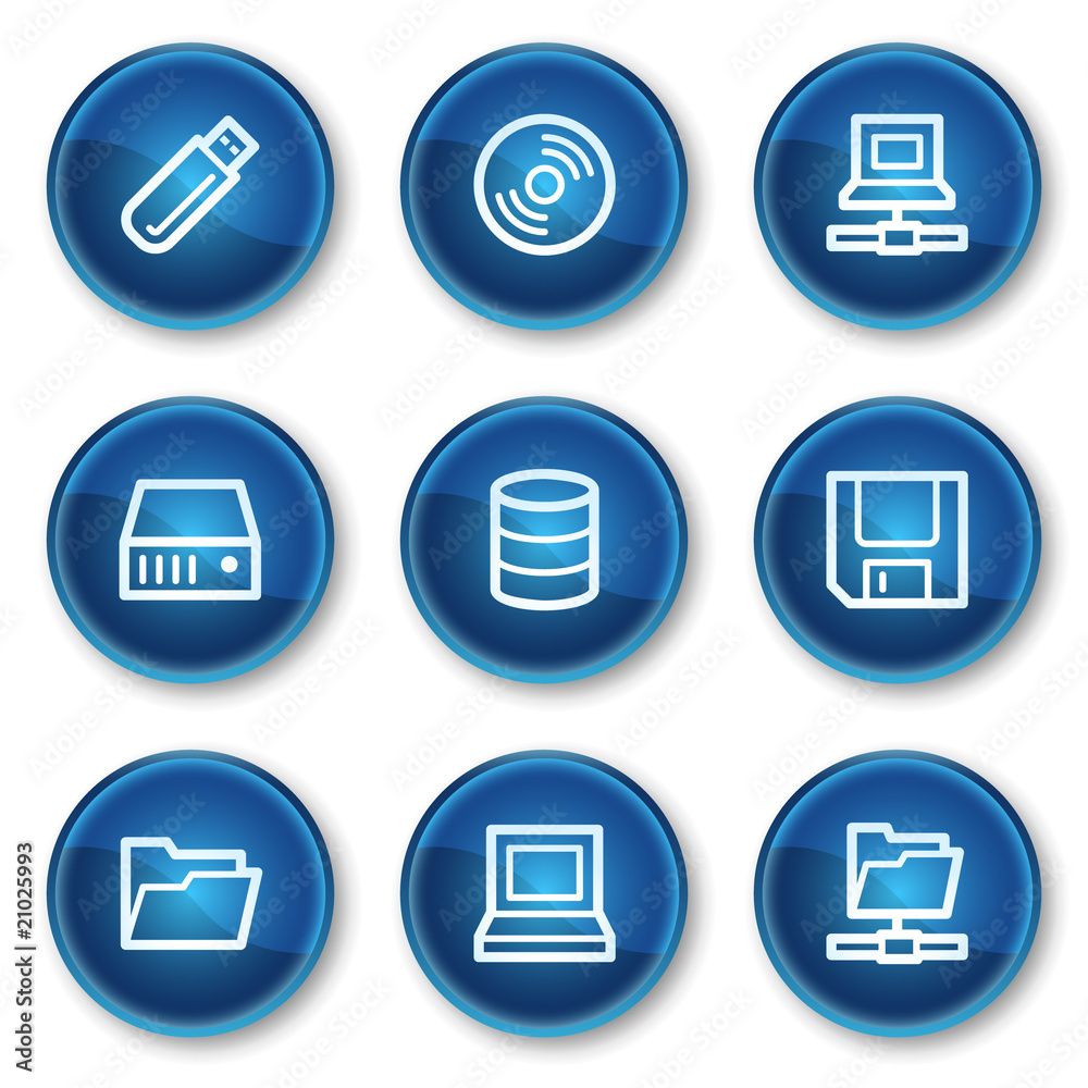 Drives and storage web icons, blue circle buttons Drives and storage web icons, blue circle buttons