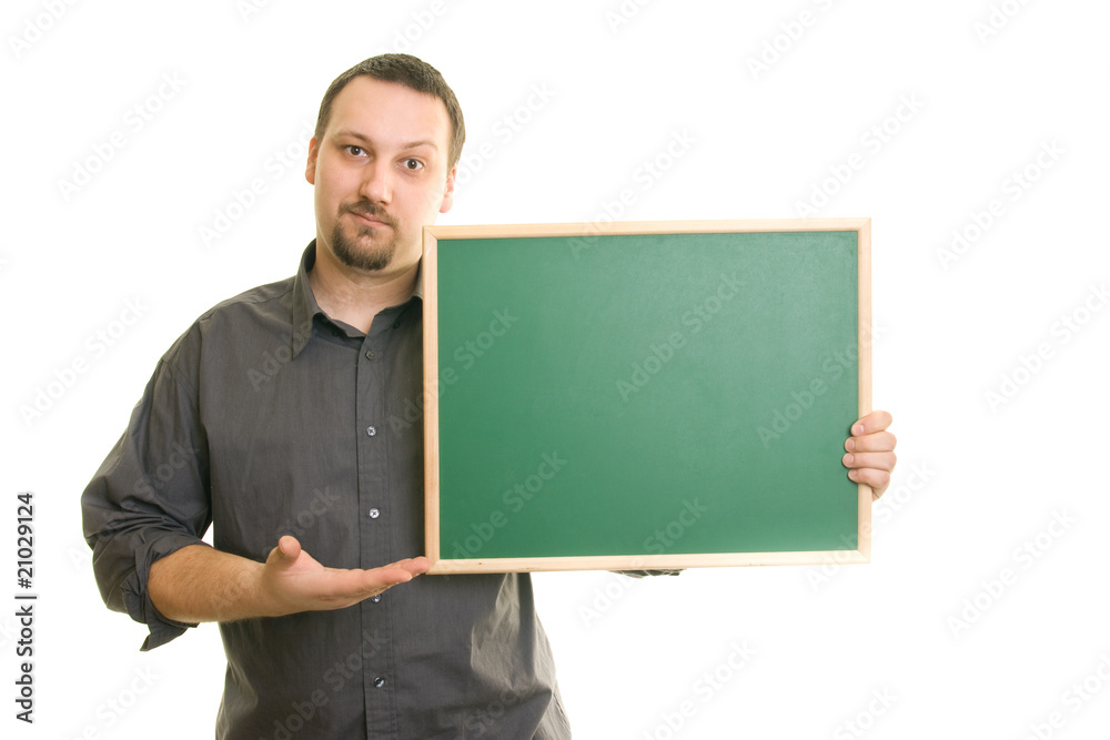 man holding blackboard