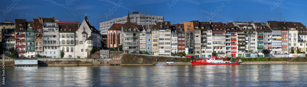 Rhine waterfront houses in Basel, Switzerland (panoramic)