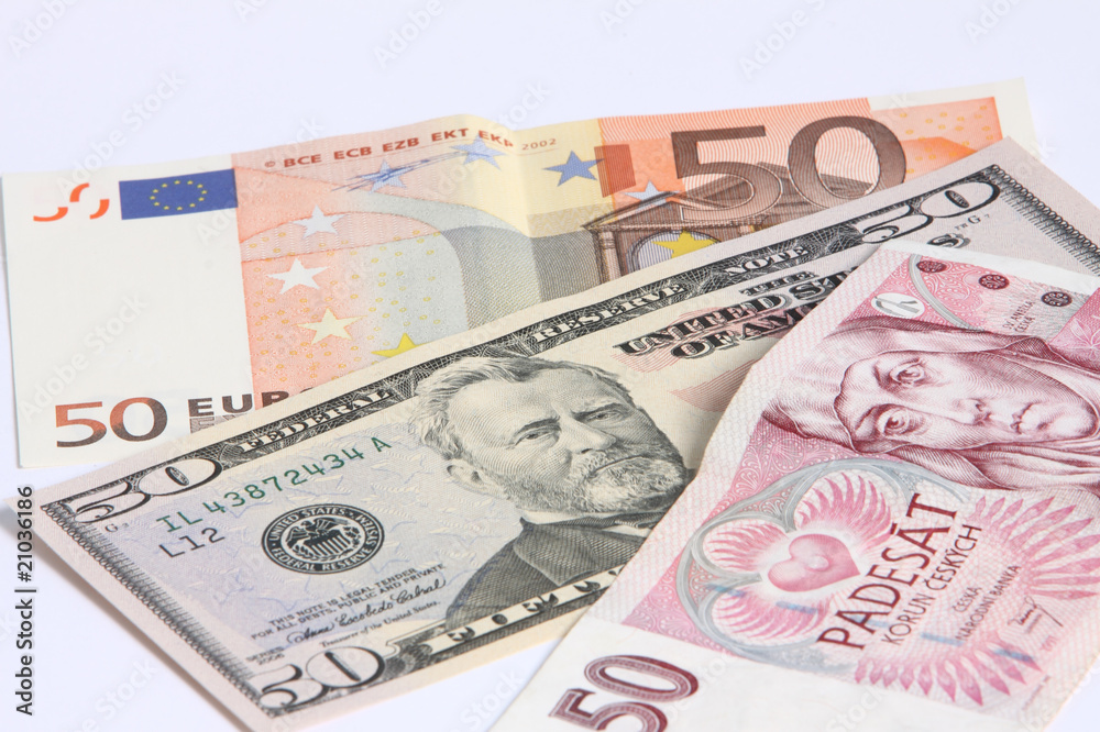 paper moneys - 50 dollar, 50 euro and 50 Korun paper moneys - 50 dollar, 50 euro and 50 Korun