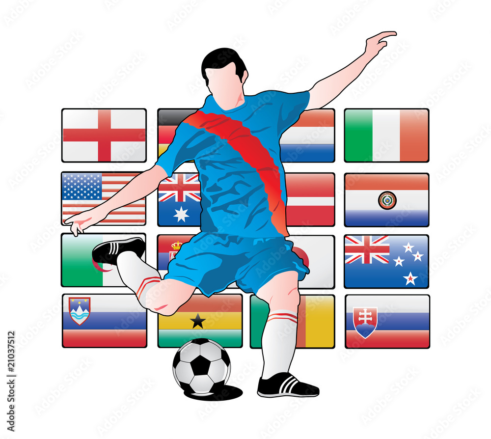 jugador de futbol sobre las banderas del mundial Stock Vector | Adobe Stock