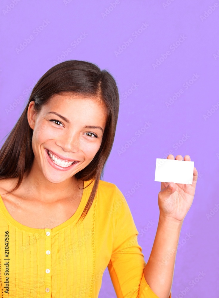 Business card woman showing kind friendly smile Business card woman showing kind friendly smile