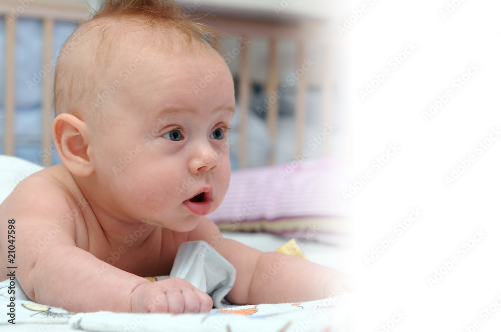 Happy baby crawling in bed Happy baby crawling in bed
