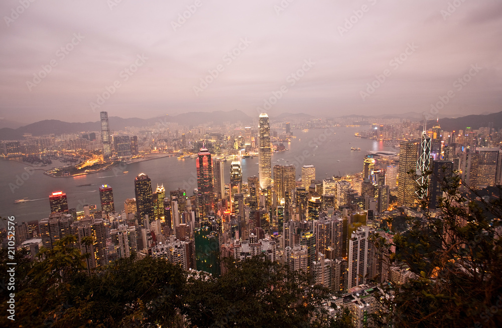 Fototapeta premium Skyline of Hong Kong City from the Peak in beautiful light