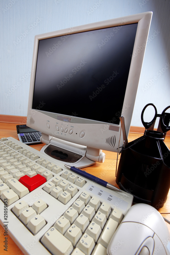 classic work place - keyboard and monitor at table classic work place - keyboard and monitor at table