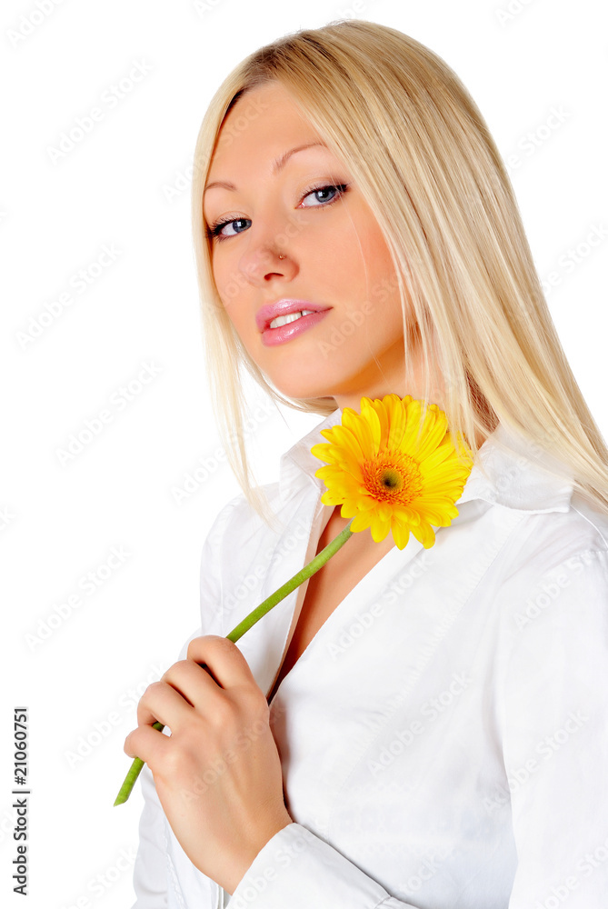 charming blonde holding a yellow flower charming blonde holding a yellow flower