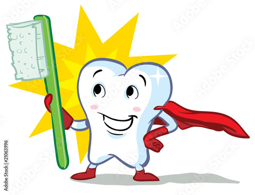 vector happy superhero healthy tooth, with toothbrush