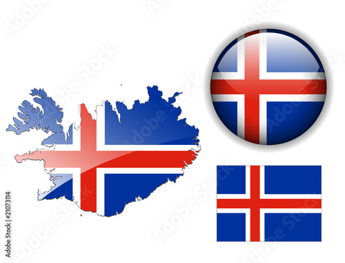 Iceland flag, map and glossy button.