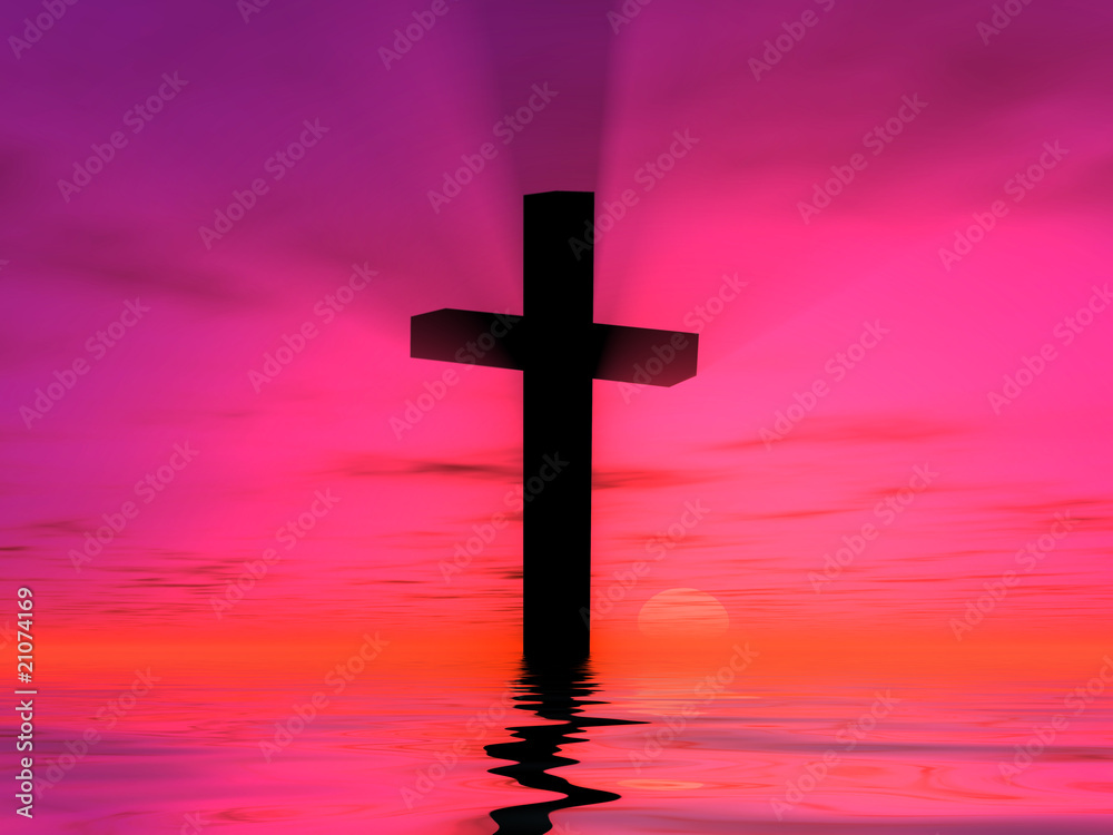 Christian Cross with Pink Sunset Background