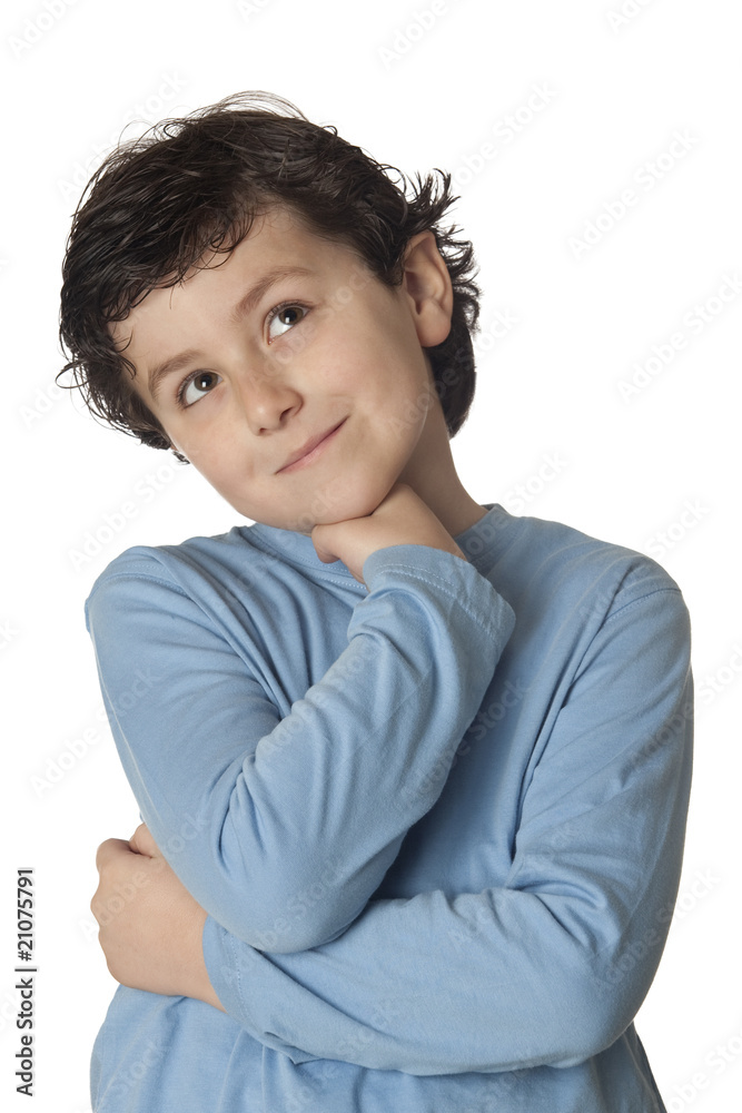 Funny child with blue shirt thinking