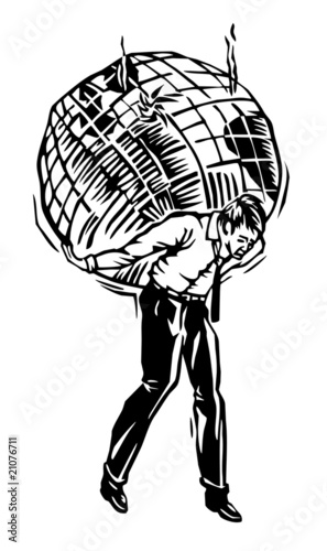Atlas, or weary man holding up damaged world