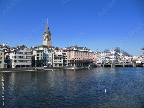 View on the St. Peterskirche and the Limmat in Zuerich