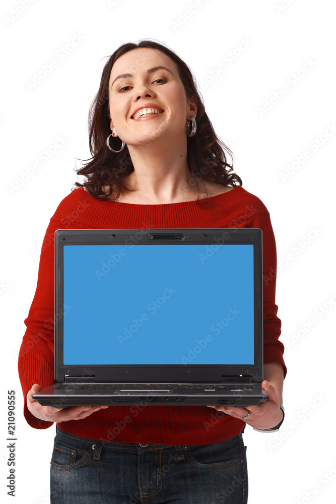 Woman Holding and Showing Open Laptop Woman Holding and Showing Open Laptop