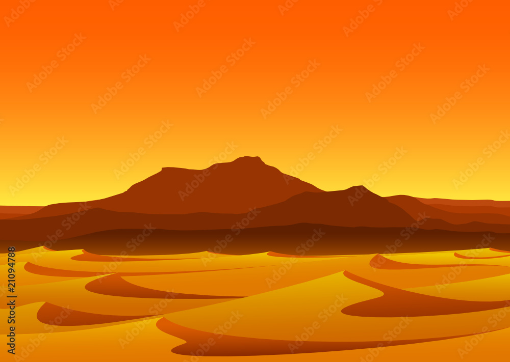 desert with dunes and mountains in the evening