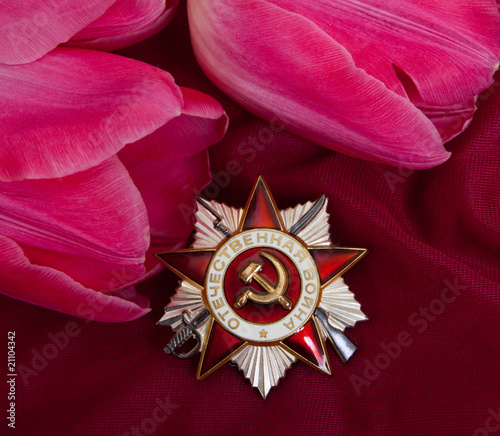 Order of Patriotic War, Second Class and flover on red fabric.