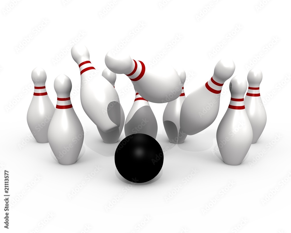 Bowling ball hitting the pins - 3d image Bowling ball hitting the pins - 3d image