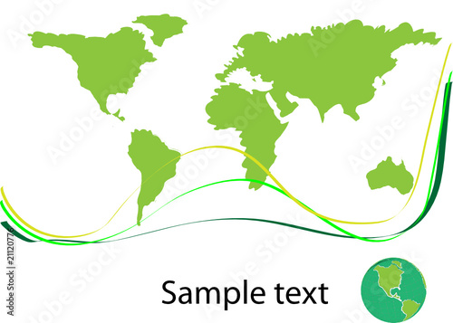 Vector world map and globe in greens, with text