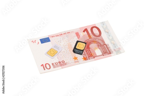 Two SIM cards for cellular phones on euro bill isolated