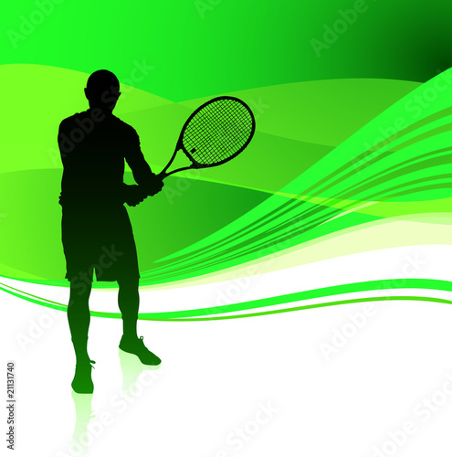 Tennis Player on Green Abstract Background