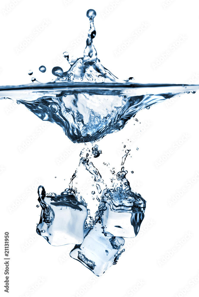 ice cubes dropped into water with splash isolated on white ice cubes dropped into water with splash isolated on white