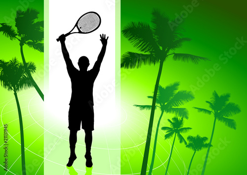 Tennis Player on Green Tropical Background