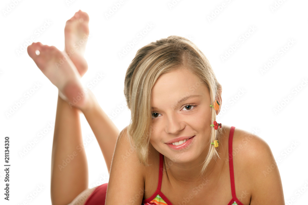 Pretty teenage girl with fruity clips in hair Pretty teenage girl with fruity clips in hair