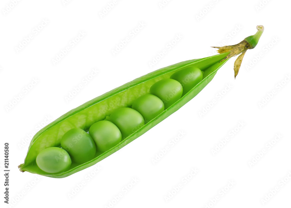 Open the pod ripe green sweet peas close-up on a white Open the pod ripe green sweet peas close-up on a white