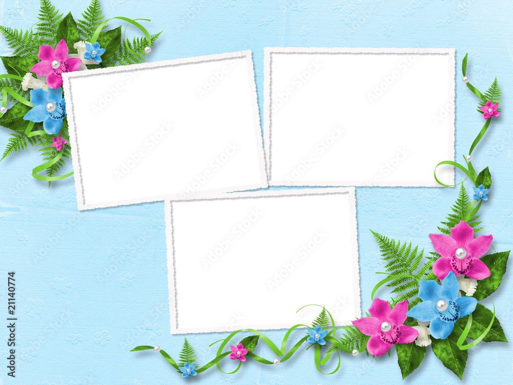 Frame for photo with blue and pink orchids