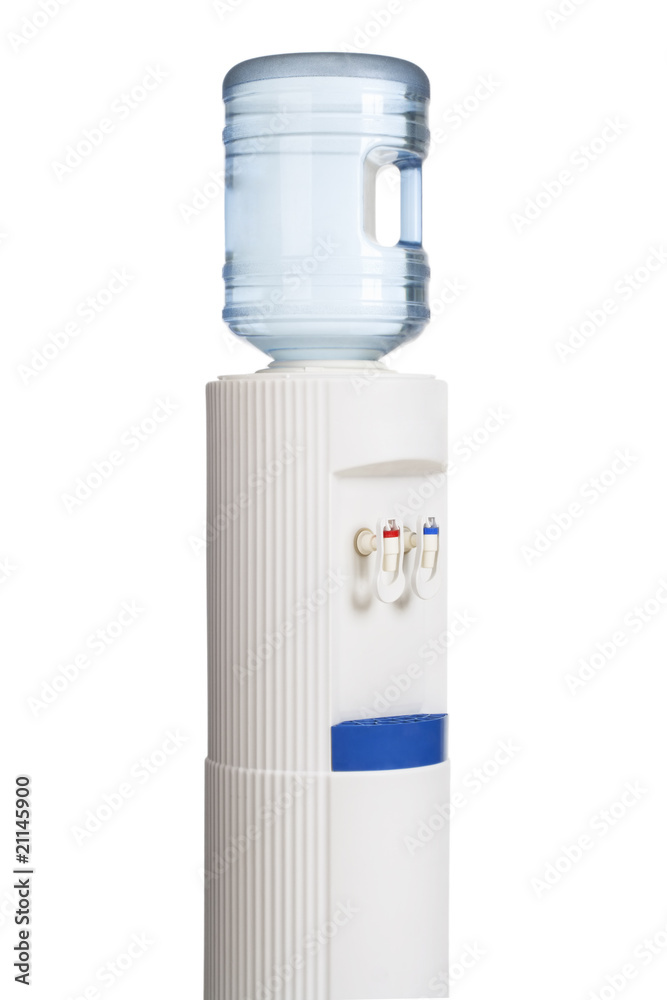 White cooler with water bottle on a white background. White cooler with water bottle on a white background.