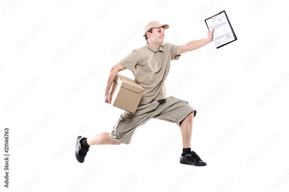 Postman on a hurry delivering package isolated on white Postman on a hurry delivering package isolated on white