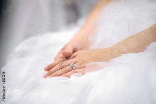 Bride's hands laying on wedding dress