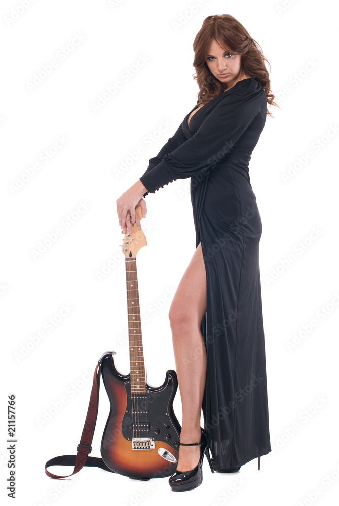 Portrait of glamour woman in black dress with guitar Portrait of glamour woman in black dress with guitar