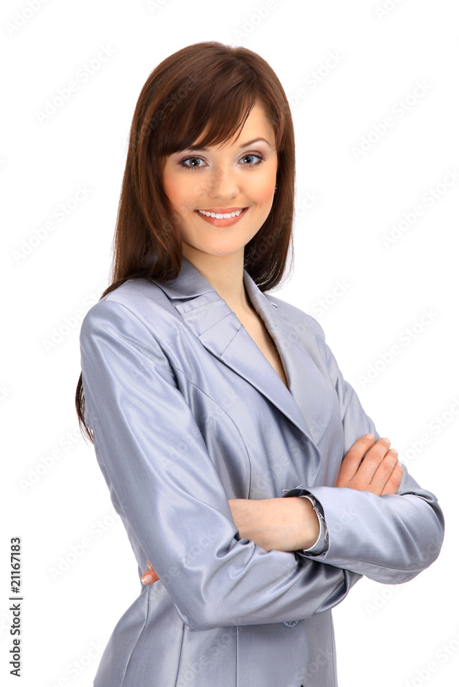 Positive business woman smiling over white background. Positive business woman smiling over white background.