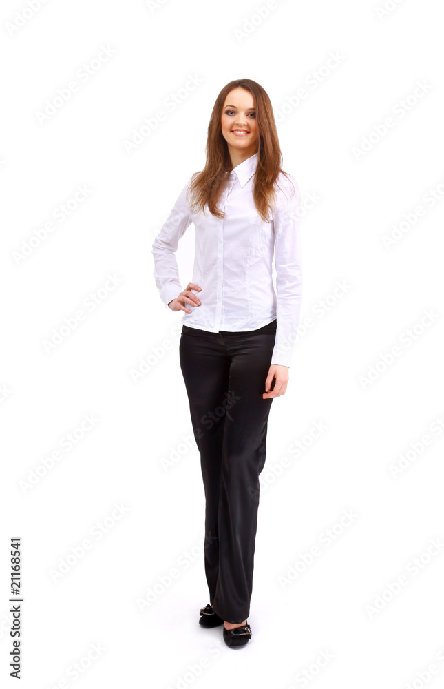 Positive business woman smiling over white background. Positive business woman smiling over white background.